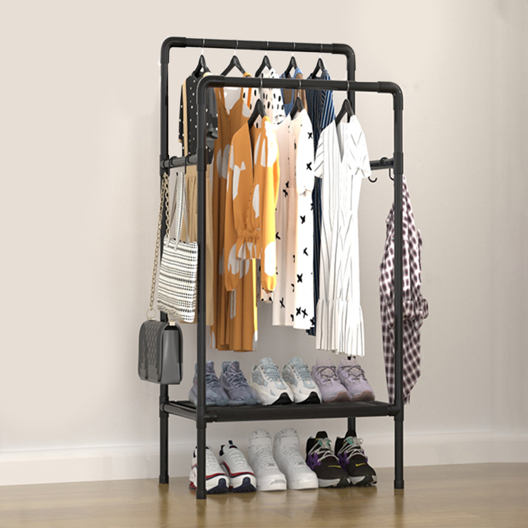 ALOXE Metal Double Rod Cloth Garment Hanging Rack