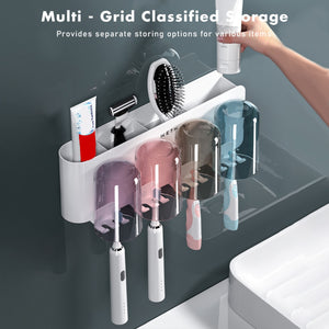ALOXE Self-Adhesive Wall Mounted Toothbrush Holder -  Multiple Slots and Mouthwash Cup Bathroom Organizer