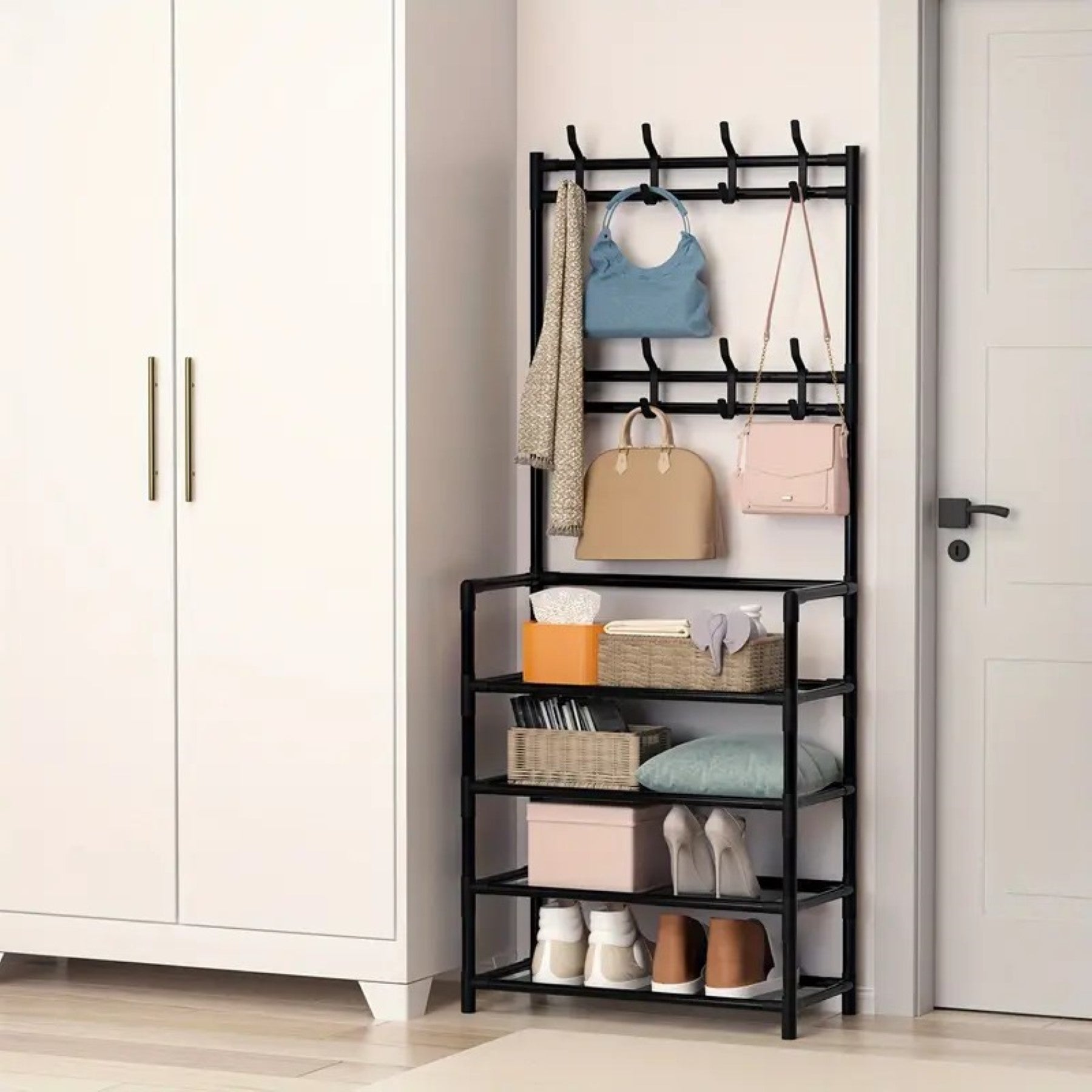 ALOXE Metal Shoe Rack with Hooks