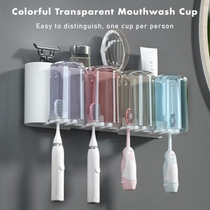 ALOXE Self-Adhesive Wall Mounted Toothbrush Holder -  Multiple Slots and Mouthwash Cup Bathroom Organizer
