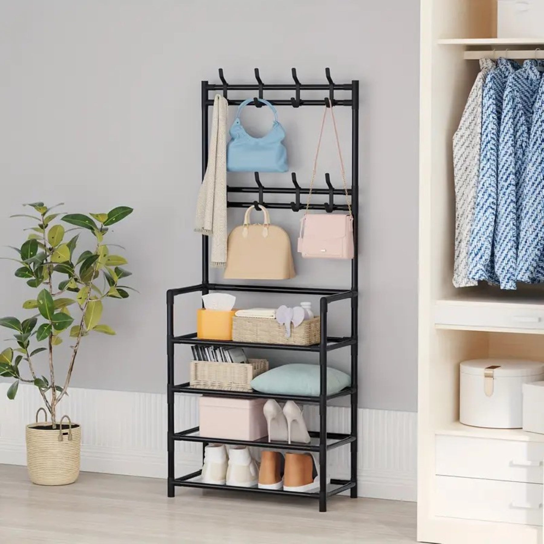 ALOXE Metal Shoe Rack with Hooks
