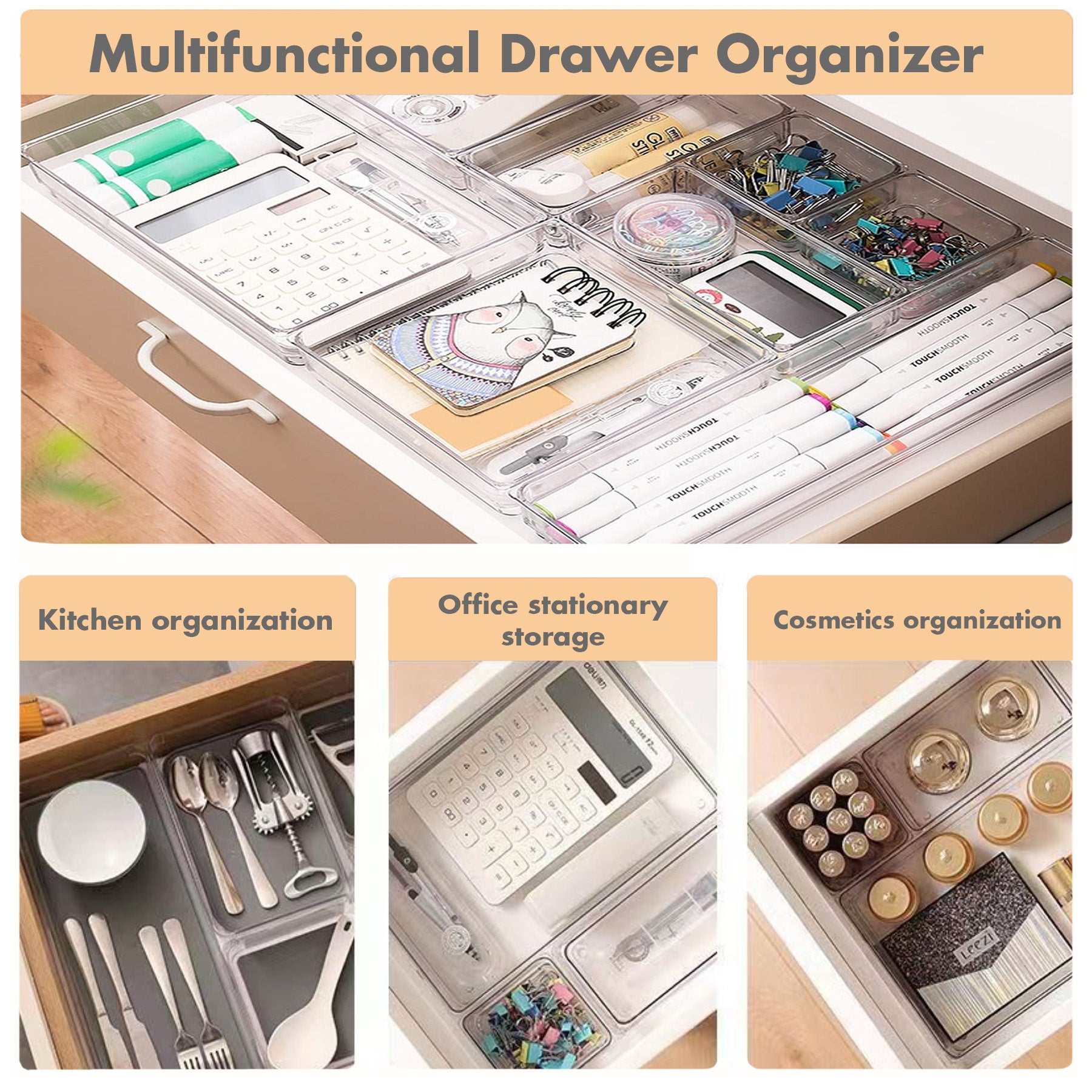 ALOXE 7Pc Drawer Organizer Makeup Organizer Box Transparent Multipurpose Drawer Organisers Storage Box For Cosmetic, Jewellery, Office, Kitchen Items (7 Pcs)