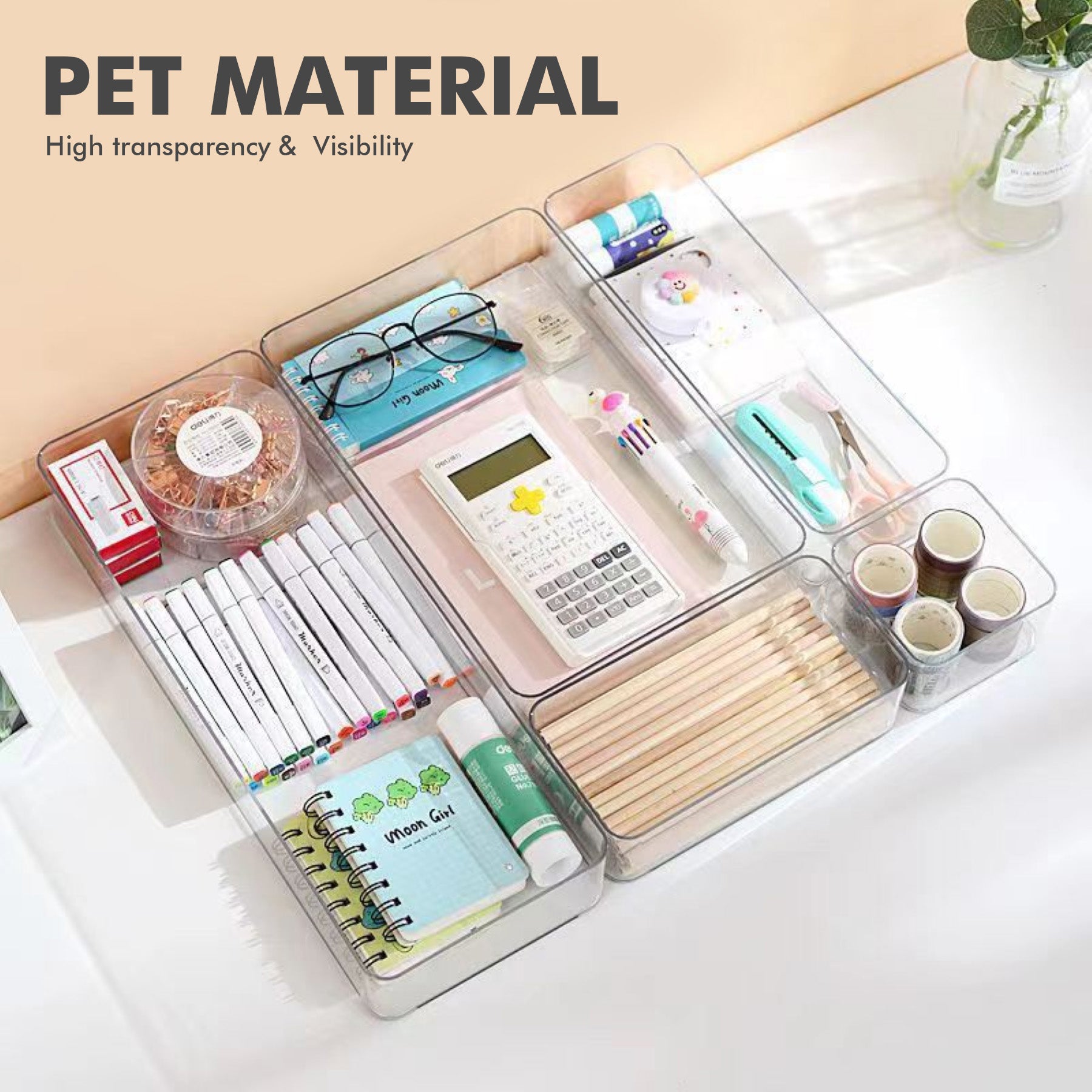 ALOXE 7Pc Drawer Organizer Makeup Organizer Box Transparent Multipurpose Drawer Organisers Storage Box For Cosmetic, Jewellery, Office, Kitchen Items (7 Pcs)